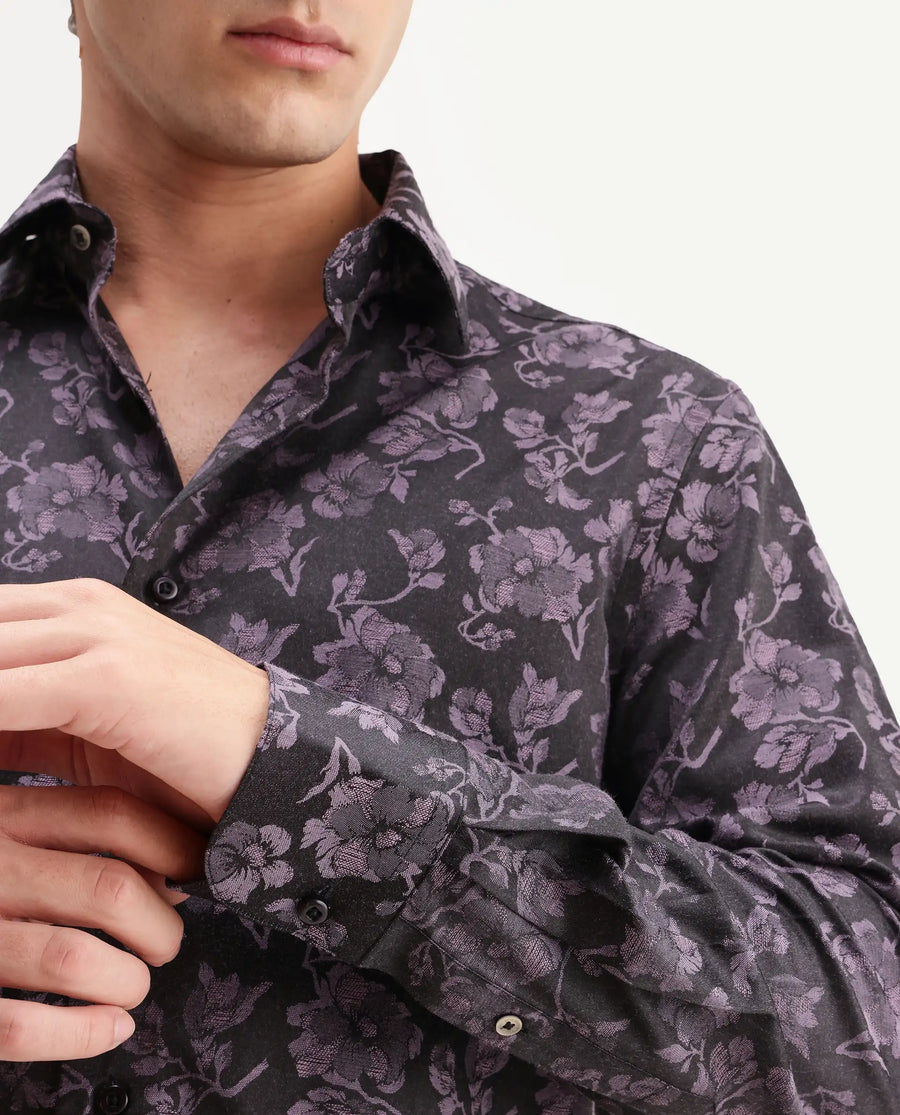 Rare Rabbit Men's Koba Dark Purple Polyester Blend Fabric Spread Collar Regular Fit Floral Print Shirt
