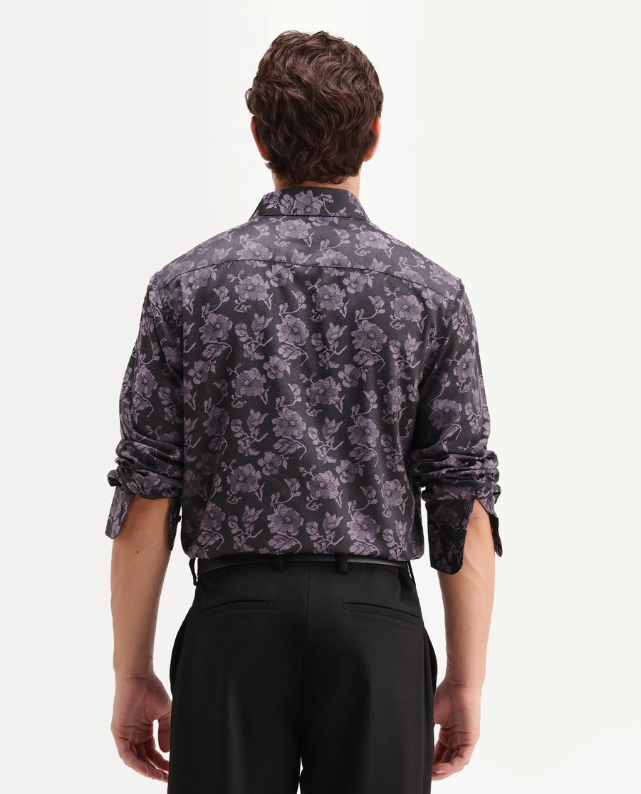 Rare Rabbit Men's Koba Dark Purple Polyester Blend Fabric Spread Collar Regular Fit Floral Print Shirt