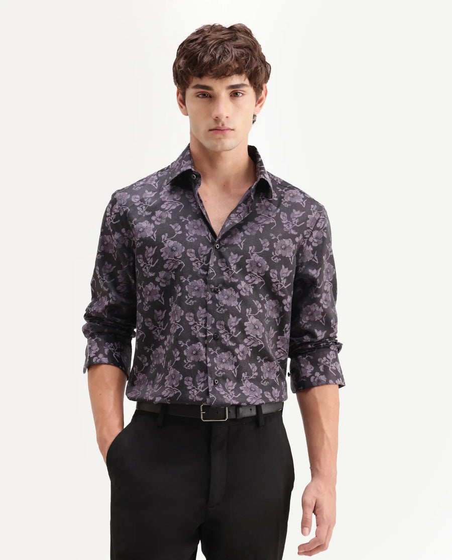 Rare Rabbit Men's Koba Dark Purple Polyester Blend Fabric Spread Collar Regular Fit Floral Print Shirt
