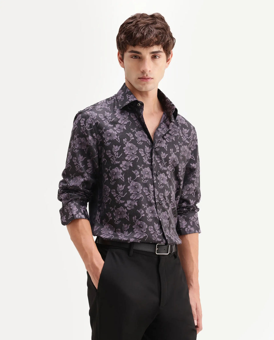 Rare Rabbit Men's Koba Dark Purple Polyester Blend Fabric Spread Collar Regular Fit Floral Print Shirt