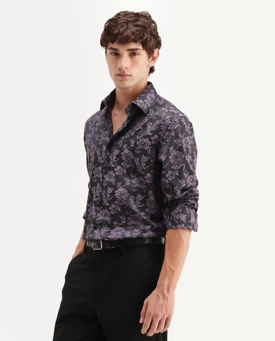 Rare Rabbit Men's Koba Dark Purple Polyester Blend Fabric Spread Collar Regular Fit Floral Print Shirt
