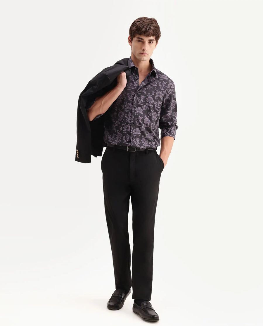 Rare Rabbit Men's Koba Dark Purple Polyester Blend Fabric Spread Collar Regular Fit Floral Print Shirt
