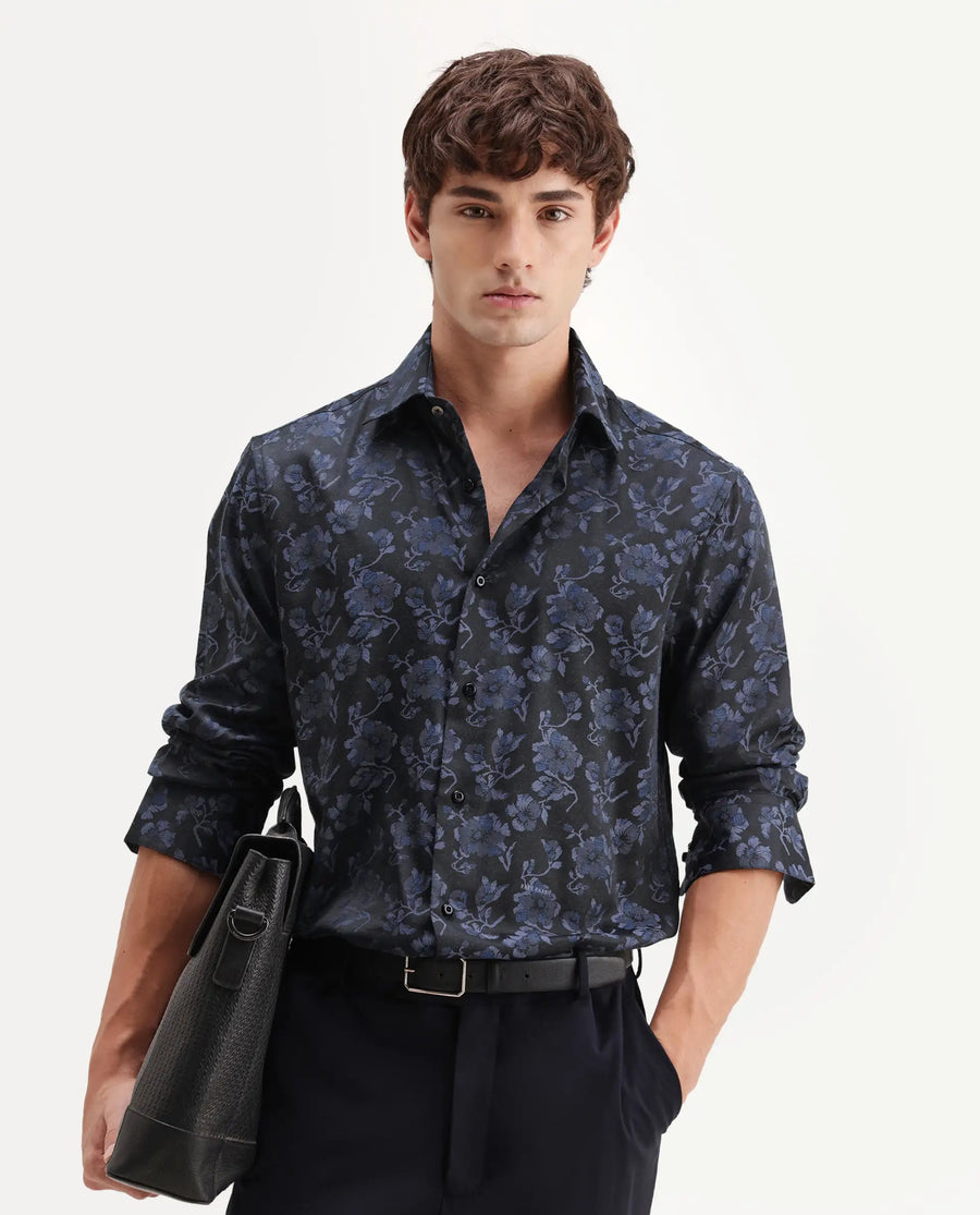 Rare Rabbit Men's Koba Dark Blue Polyester Blend Fabric Spread Collar Regular Fit Floral Print Shirt