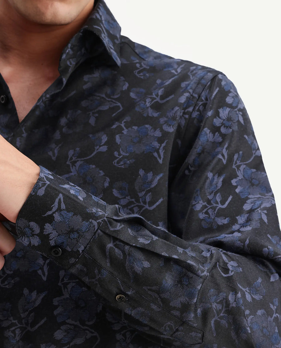 Rare Rabbit Men's Koba Dark Blue Polyester Blend Fabric Spread Collar Regular Fit Floral Print Shirt