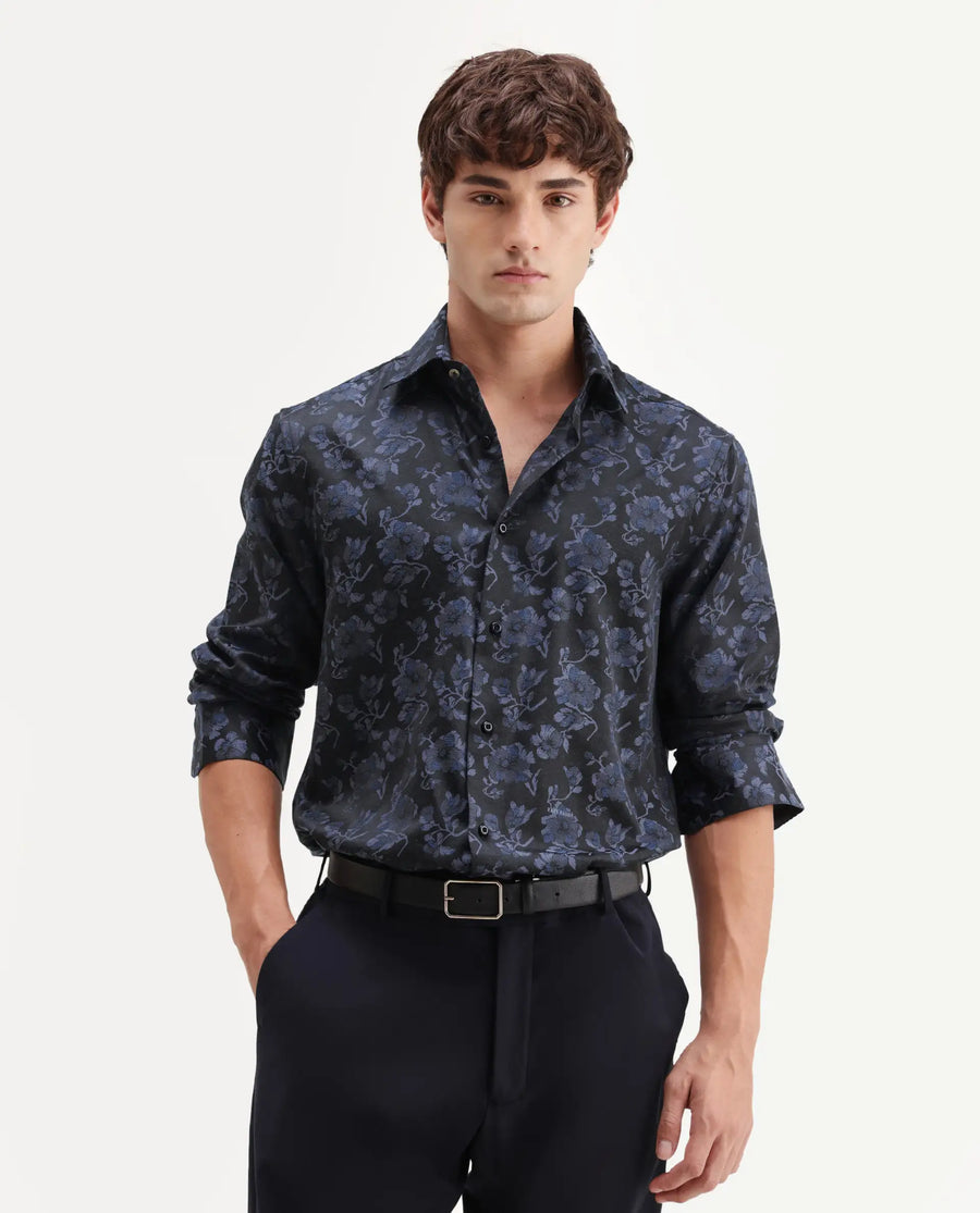 Rare Rabbit Men's Koba Dark Blue Polyester Blend Fabric Spread Collar Regular Fit Floral Print Shirt