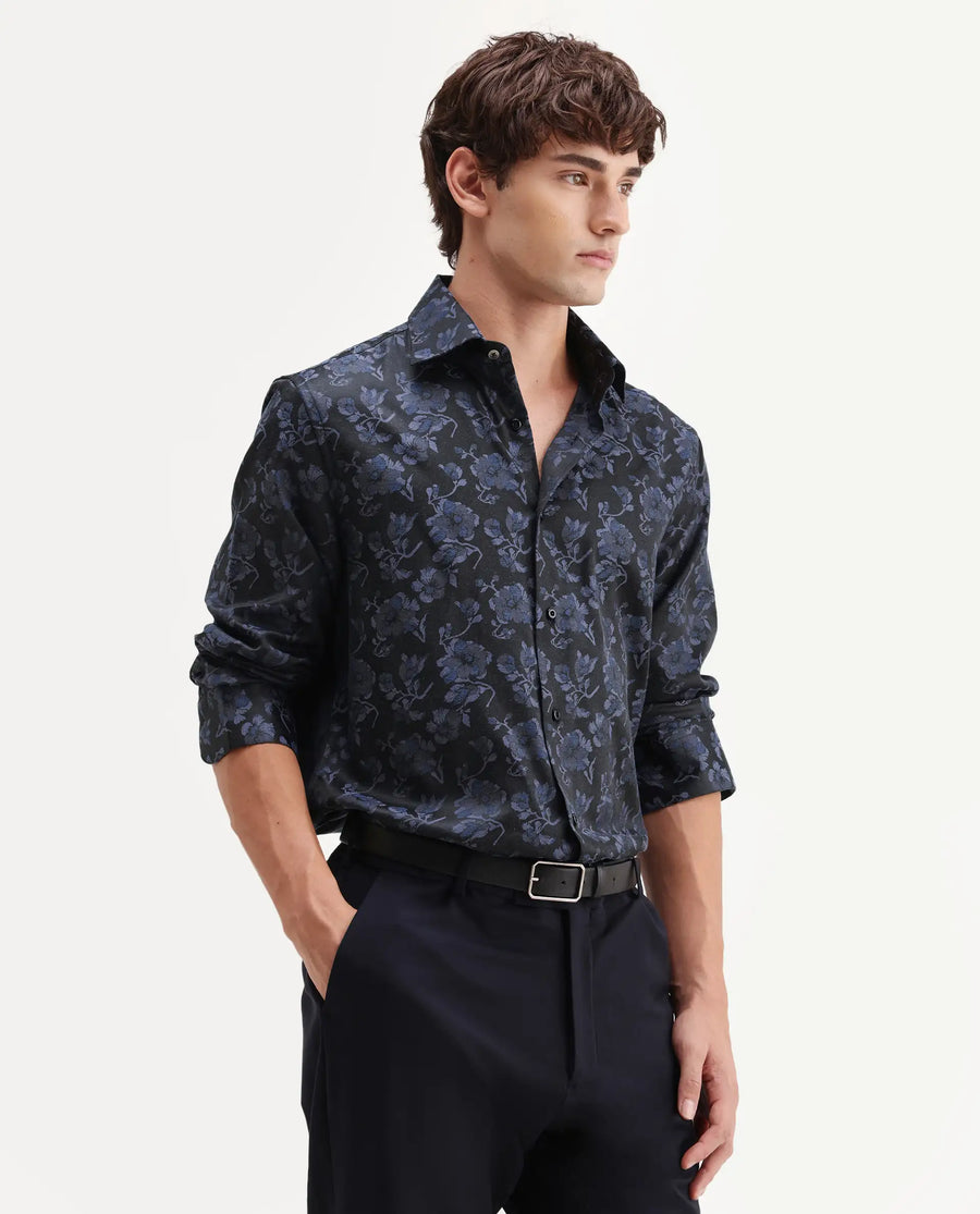 Rare Rabbit Men's Koba Dark Blue Polyester Blend Fabric Spread Collar Regular Fit Floral Print Shirt