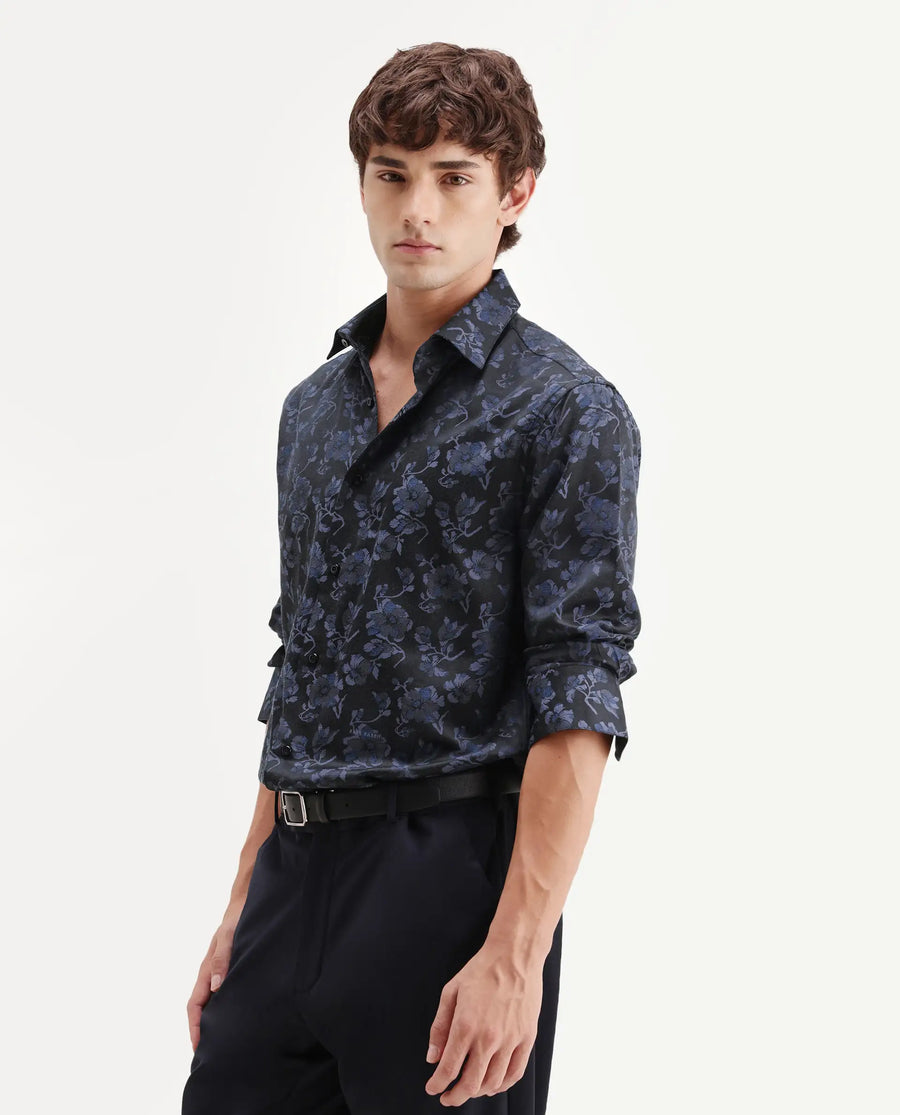 Rare Rabbit Men's Koba Dark Blue Polyester Blend Fabric Spread Collar Regular Fit Floral Print Shirt
