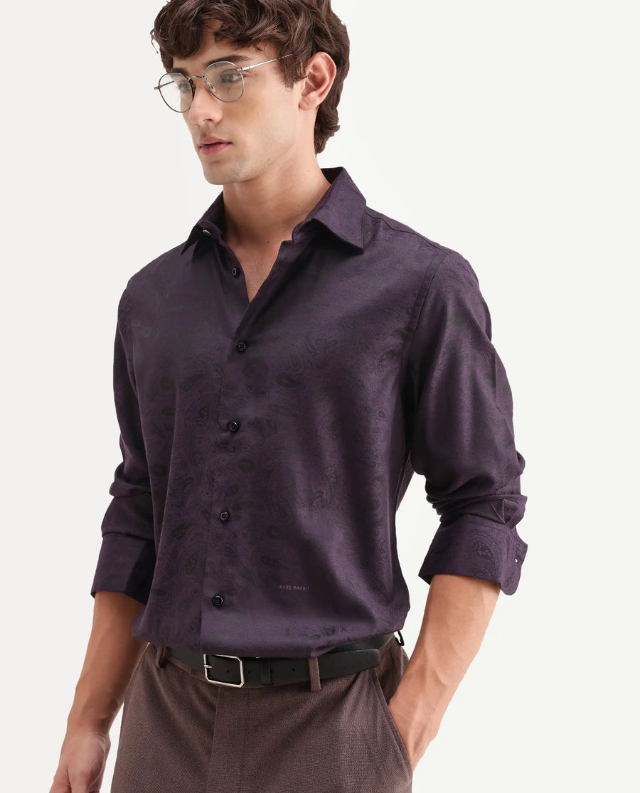 Rare Rabbit Men's Lobo Dark Purple Polyester Blend Spread Collar Regular Fit Paisley Print Shirt