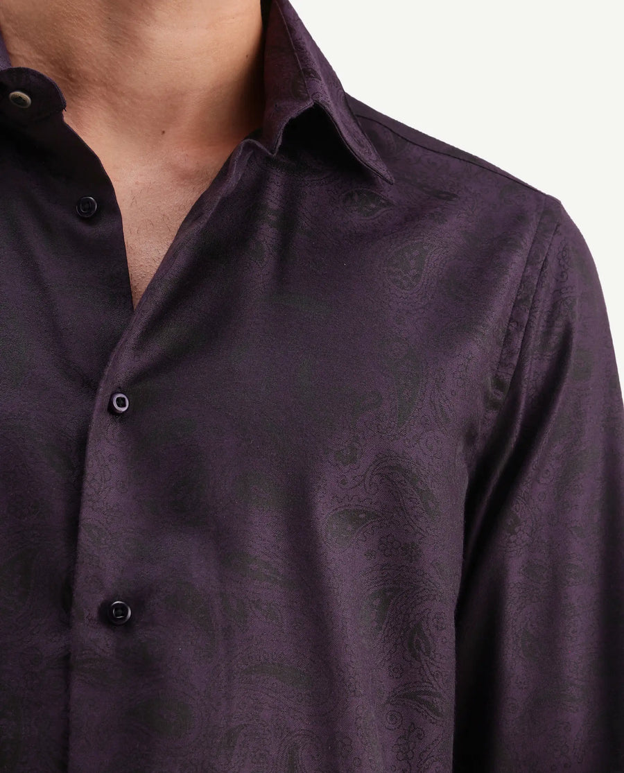 Rare Rabbit Men's Lobo Dark Purple Polyester Blend Spread Collar Regular Fit Paisley Print Shirt
