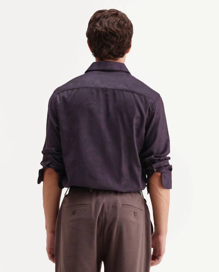 Rare Rabbit Men's Lobo Dark Purple Polyester Blend Spread Collar Regular Fit Paisley Print Shirt