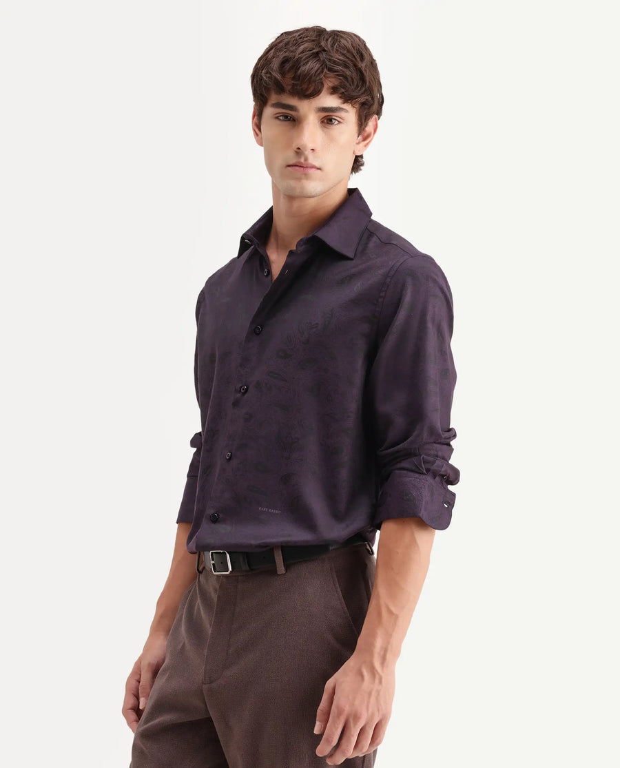 Rare Rabbit Men's Lobo Dark Purple Polyester Blend Spread Collar Regular Fit Paisley Print Shirt