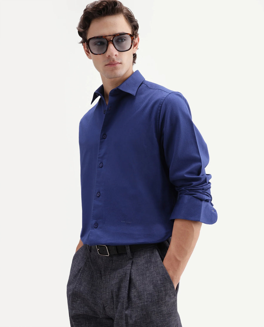 Rare Rabbit Men's Sern Light Blue Cotton Spread Collar Button Regular Plain Shirt
