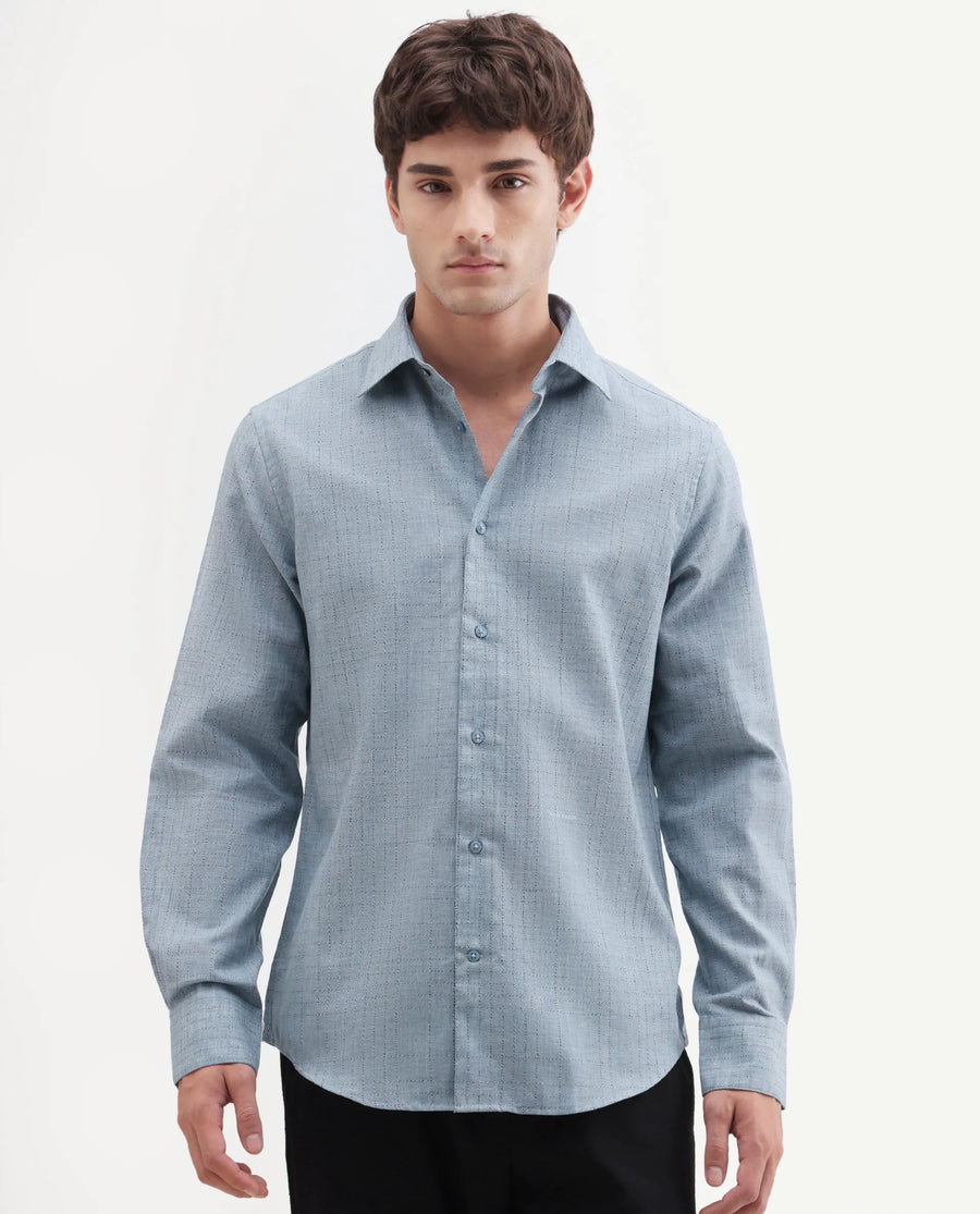 Rare Rabbit Men's Throt Dusky Blue Cotton Blend Fabric Spread Collar Regular Fit Checked Shirt