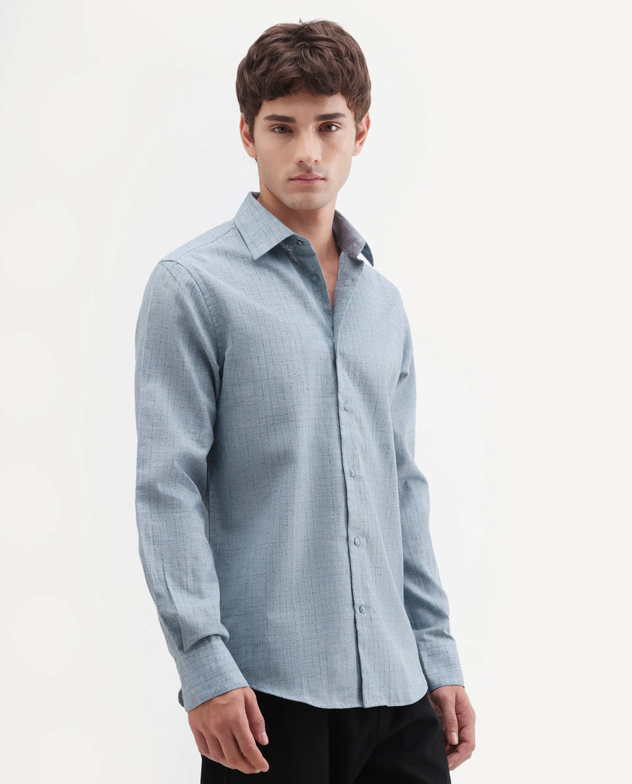 Rare Rabbit Men's Throt Dusky Blue Cotton Blend Fabric Spread Collar Regular Fit Checked Shirt