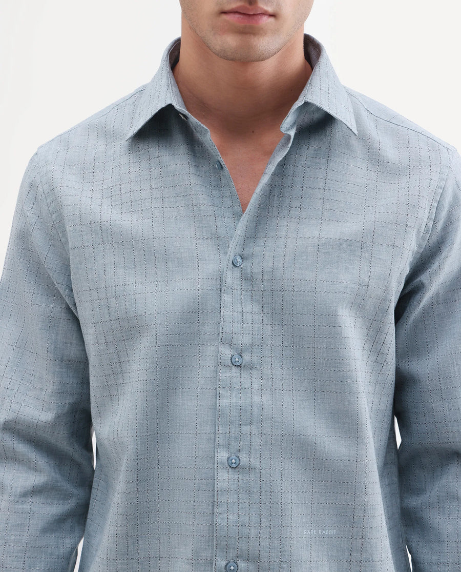 Rare Rabbit Men's Throt Dusky Blue Cotton Blend Fabric Spread Collar Regular Fit Checked Shirt