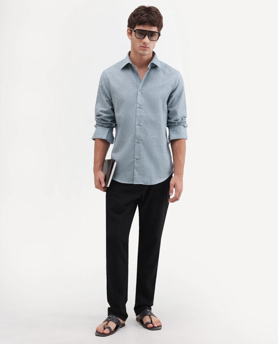 Rare Rabbit Men's Throt Dusky Blue Cotton Blend Fabric Spread Collar Regular Fit Checked Shirt