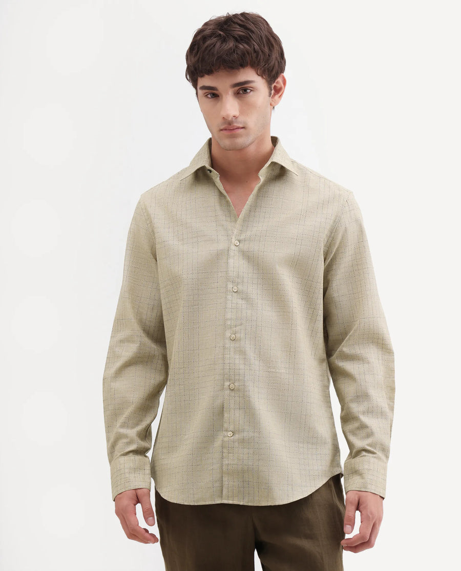 Rare Rabbit Men's Throt Khaki Cotton Blend Fabric Spread Collar Regular Fit Checked Shirt