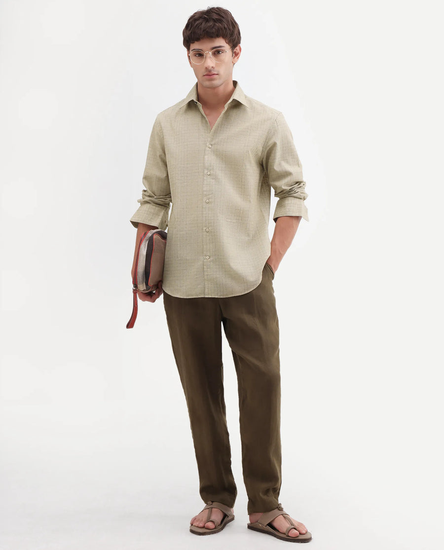 Rare Rabbit Men's Throt Khaki Cotton Blend Fabric Spread Collar Regular Fit Checked Shirt