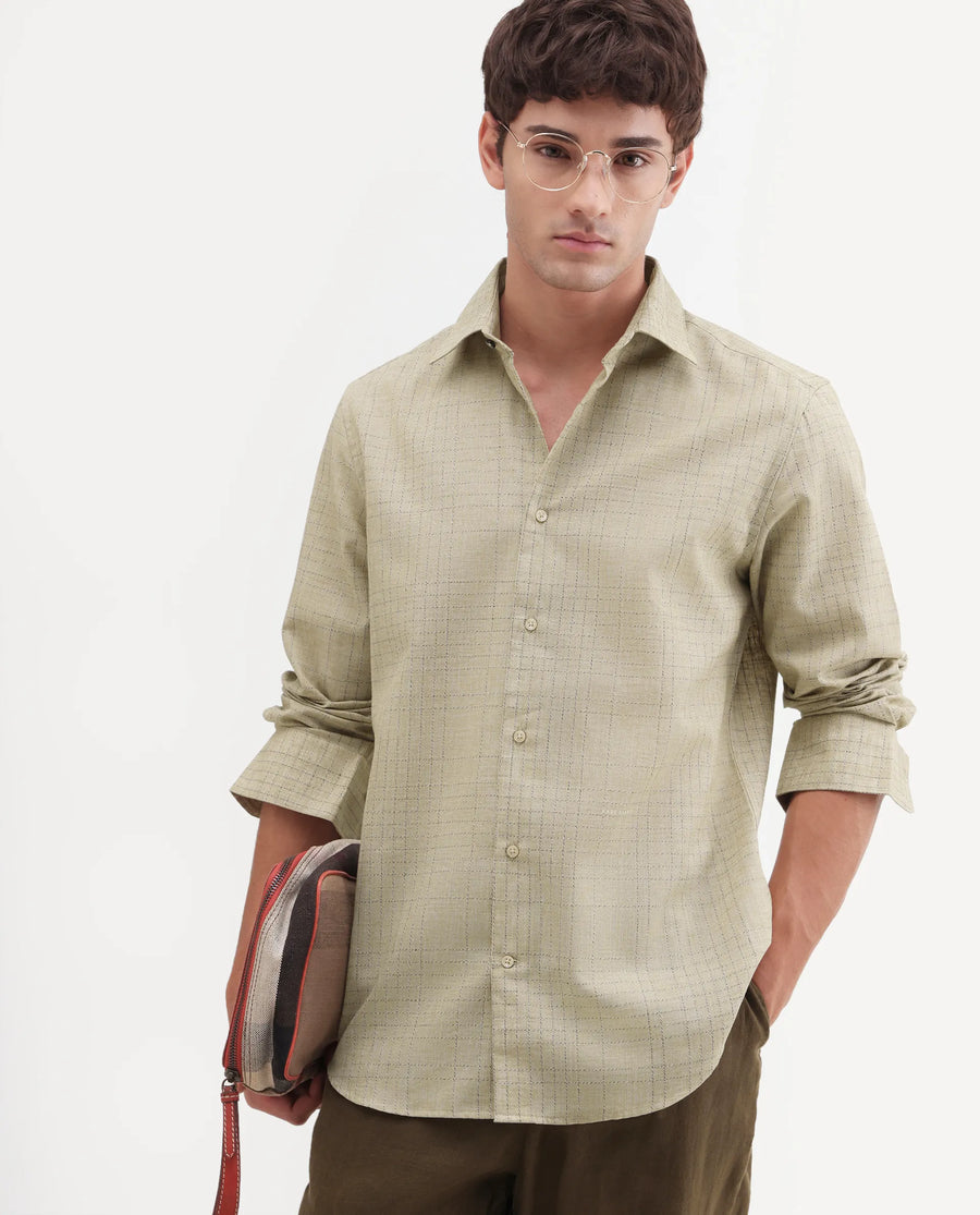 Rare Rabbit Men's Throt Khaki Cotton Blend Fabric Spread Collar Regular Fit Checked Shirt