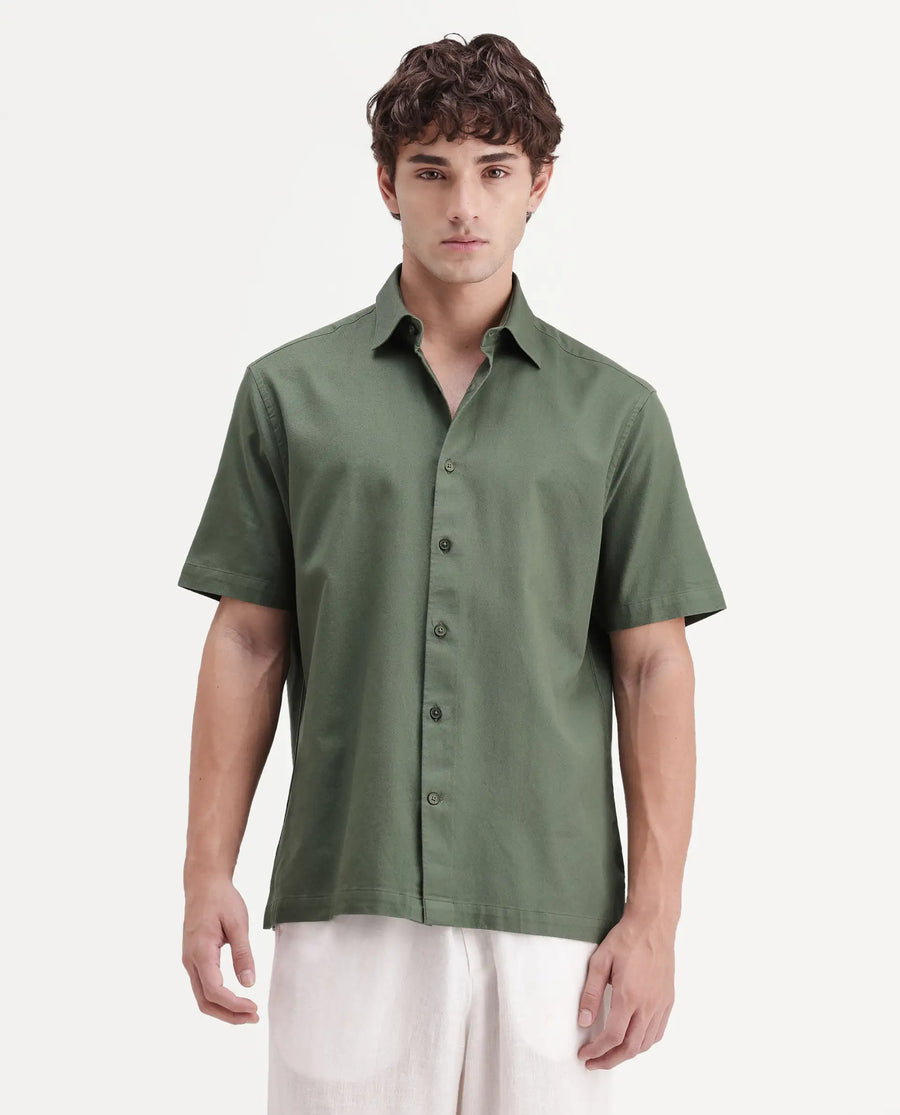 Rare Rabbit Men's Sern Dusky Green Cotton Spread Collar Button Regular Plain Shirt