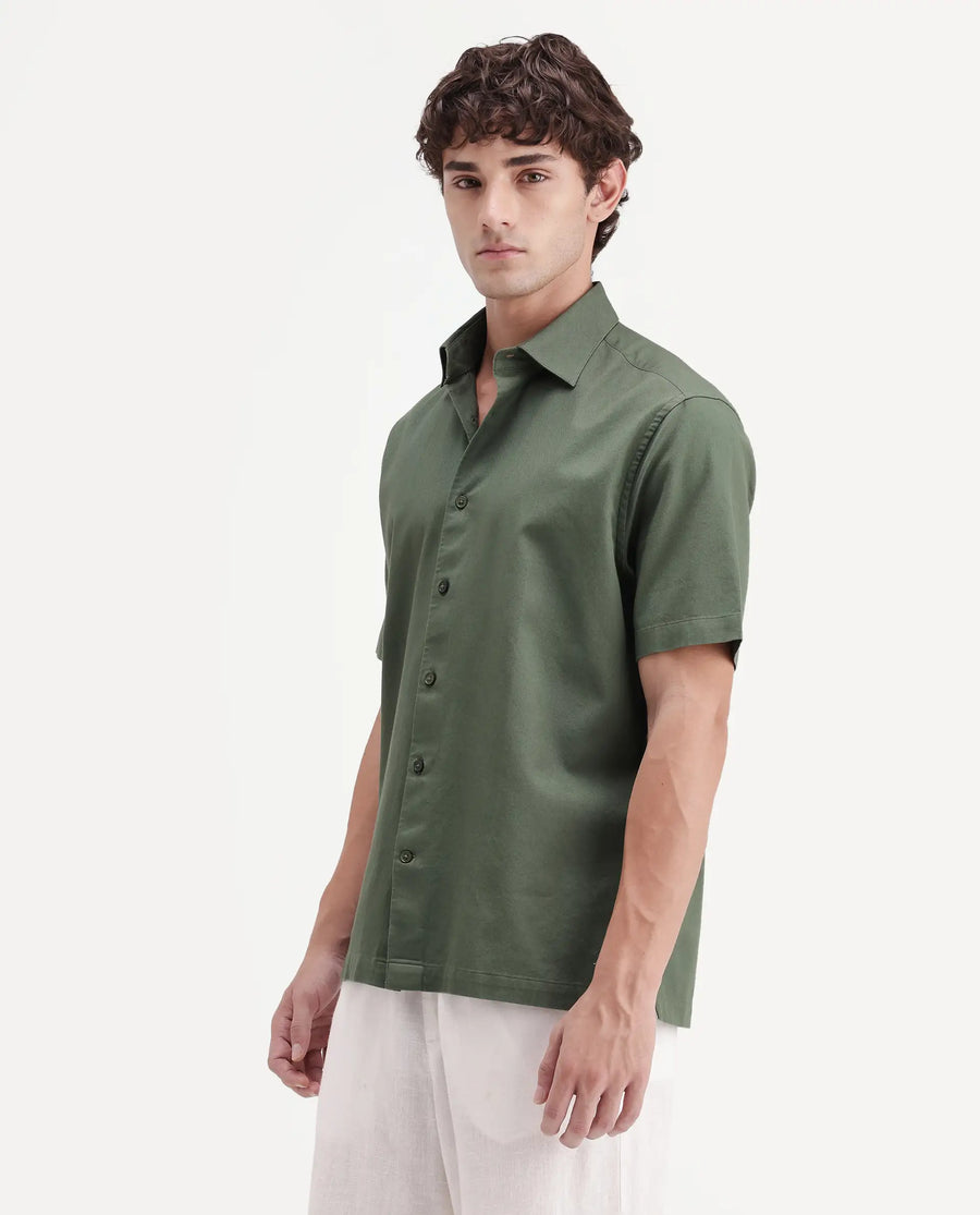 Rare Rabbit Men's Sern Dusky Green Cotton Spread Collar Button Regular Plain Shirt