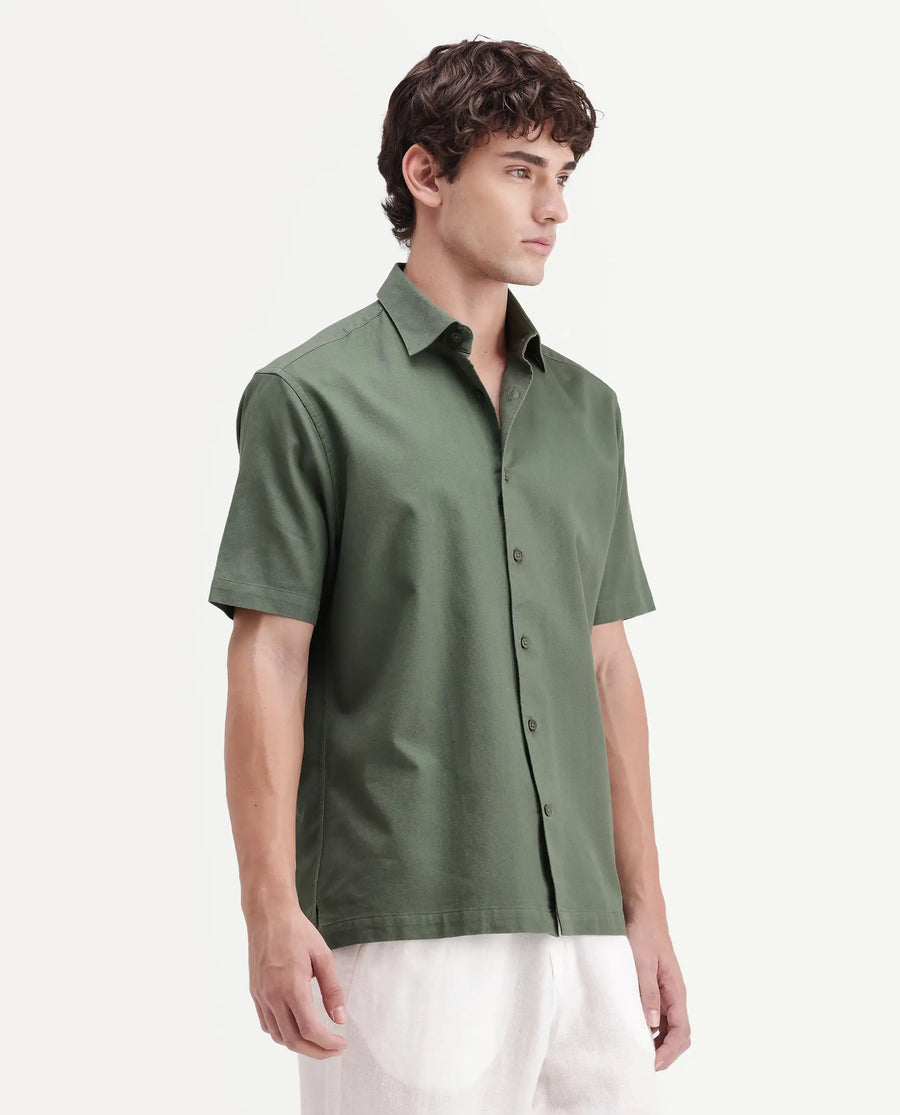 Rare Rabbit Men's Sern Dusky Green Cotton Spread Collar Button Regular Plain Shirt