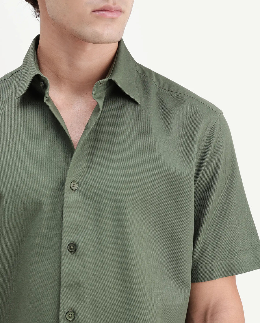 Rare Rabbit Men's Sern Dusky Green Cotton Spread Collar Button Regular Plain Shirt