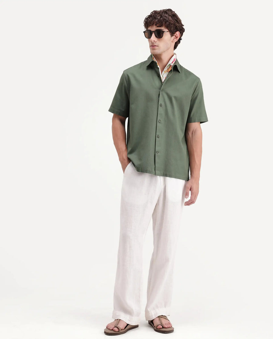 Rare Rabbit Men's Sern Dusky Green Cotton Spread Collar Button Regular Plain Shirt