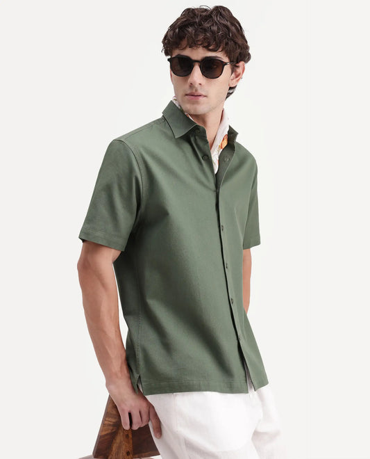Rare Rabbit Men's Sern Dusky Green Cotton Spread Collar Button Regular Plain Shirt