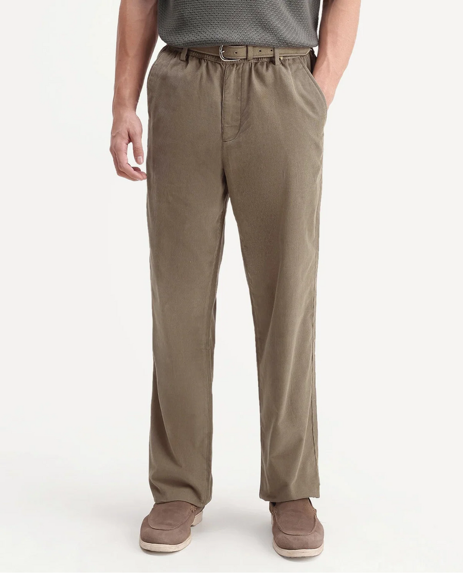 Rare Rabbit Men's Chant-B Dark Beige Cotton Straight Fit Regular Length Trouser