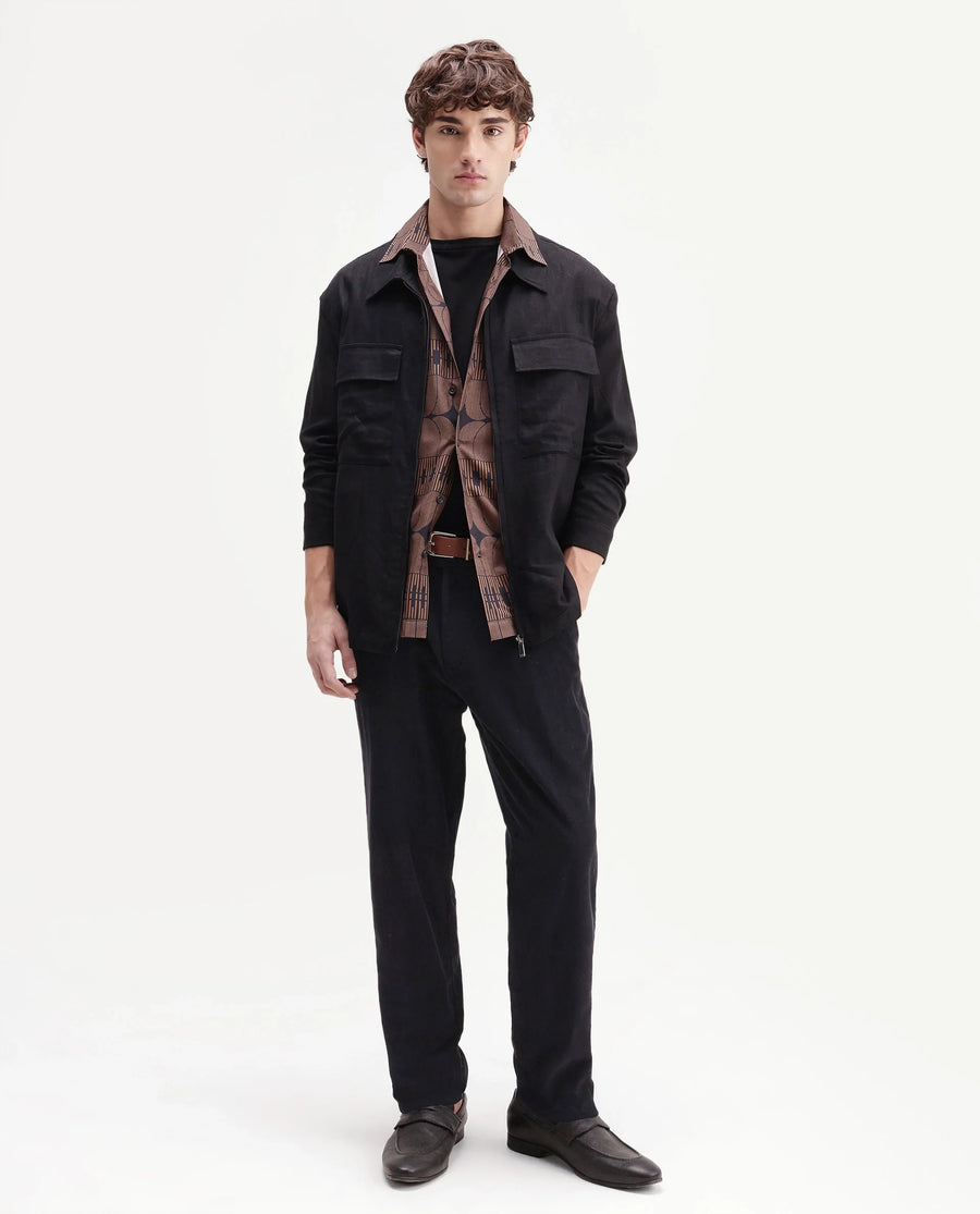 Rare Rabbit Men's Chans Black Cotton Straight Fit Length Plain Trouser
