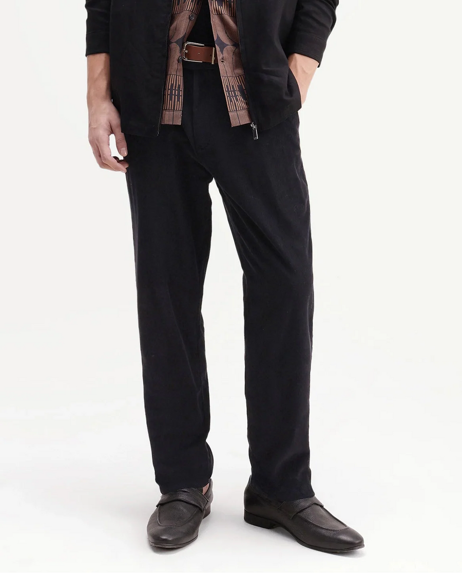 Rare Rabbit Men's Chans Black Cotton Straight Fit Length Plain Trouser