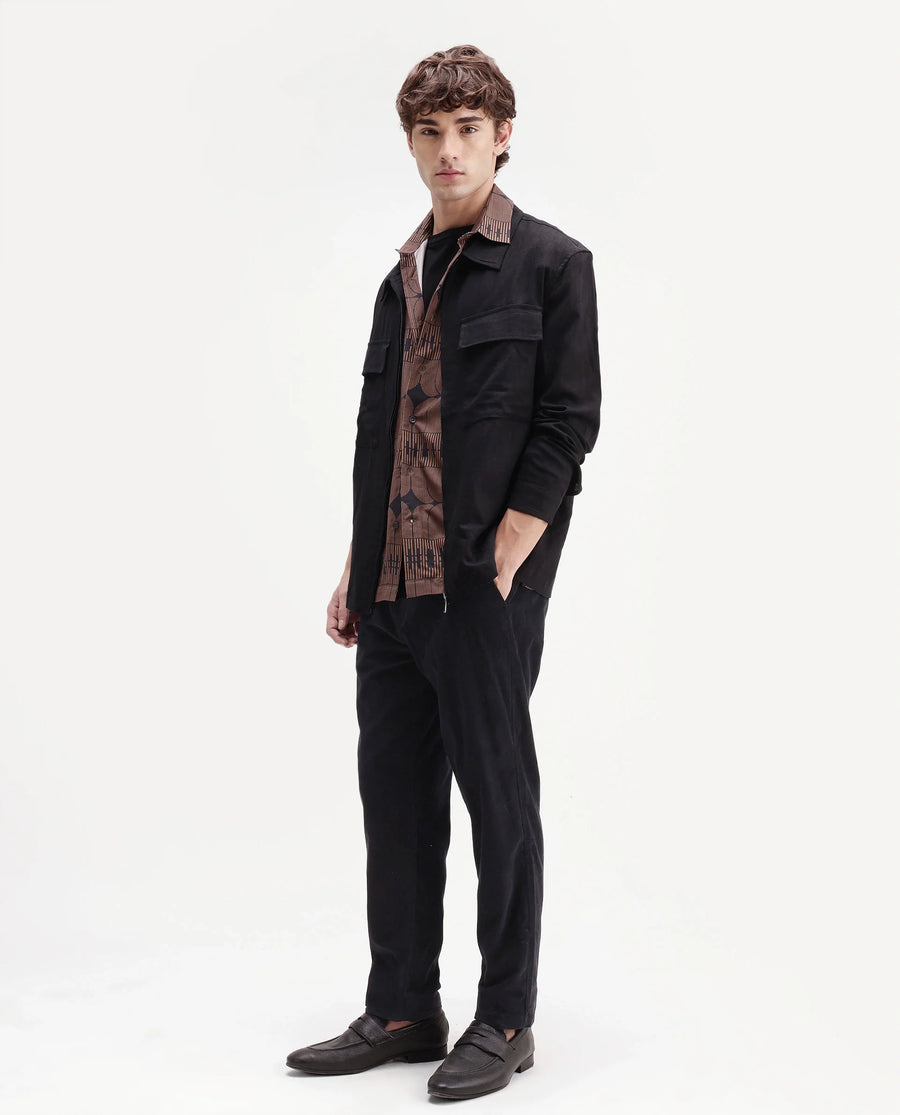 Rare Rabbit Men's Chans Black Cotton Straight Fit Length Plain Trouser