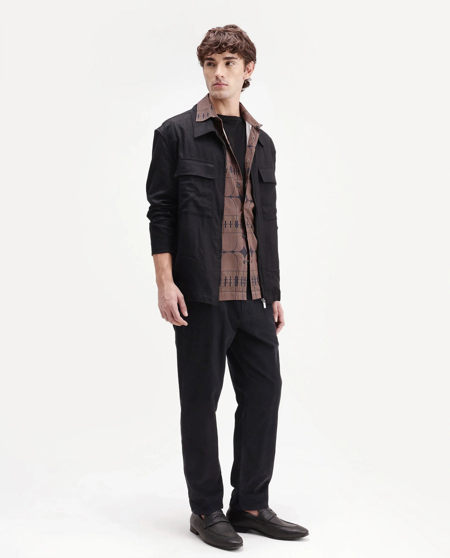 Rare Rabbit Men's Chans Black Cotton Straight Fit Length Plain Trouser