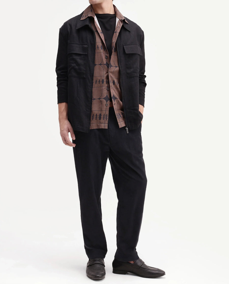 Rare Rabbit Men's Chans Black Cotton Straight Fit Length Plain Trouser