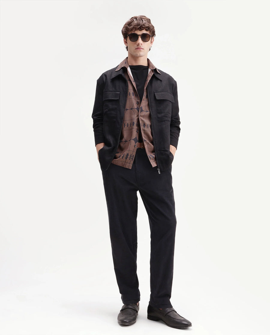 Rare Rabbit Men's Chans Black Cotton Straight Fit Length Plain Trouser