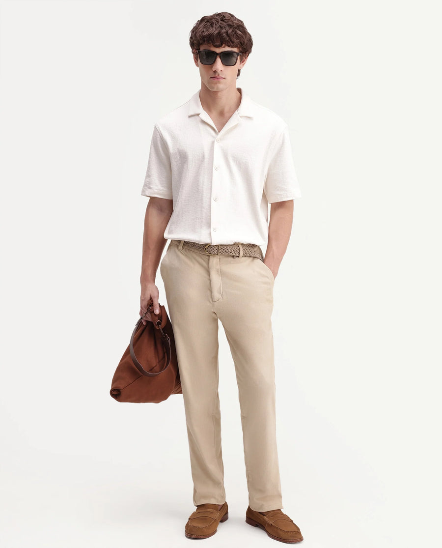 Rare Rabbit Men's Chans Beige Cotton Straight Fit Length Plain Trouser