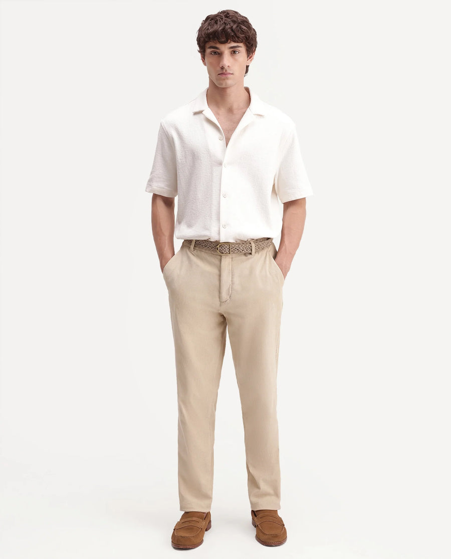 Rare Rabbit Men's Chans Beige Cotton Straight Fit Length Plain Trouser
