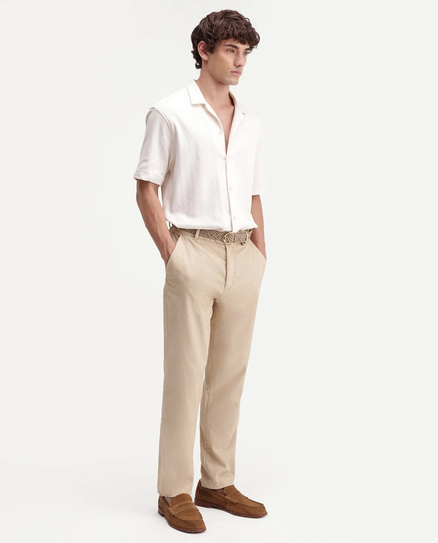 Rare Rabbit Men's Chans Beige Cotton Straight Fit Length Plain Trouser