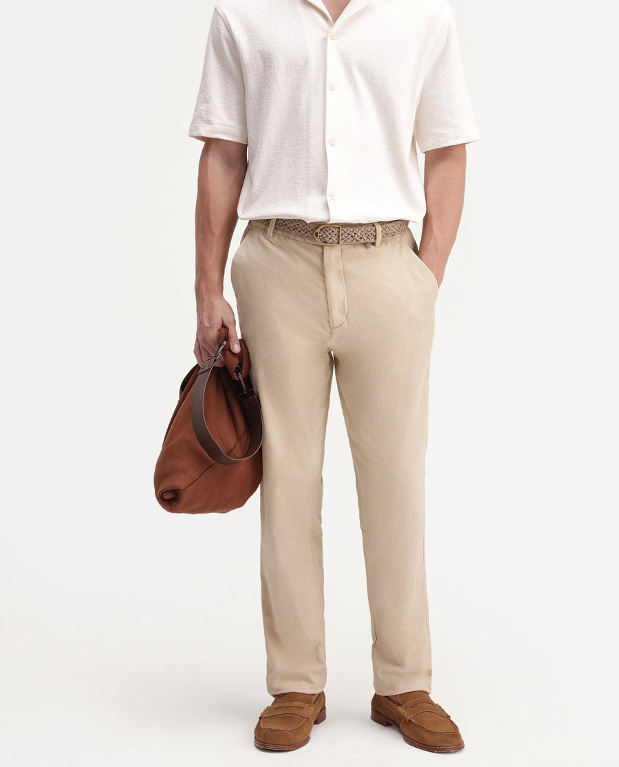 Rare Rabbit Men's Chans Beige Cotton Straight Fit Length Plain Trouser