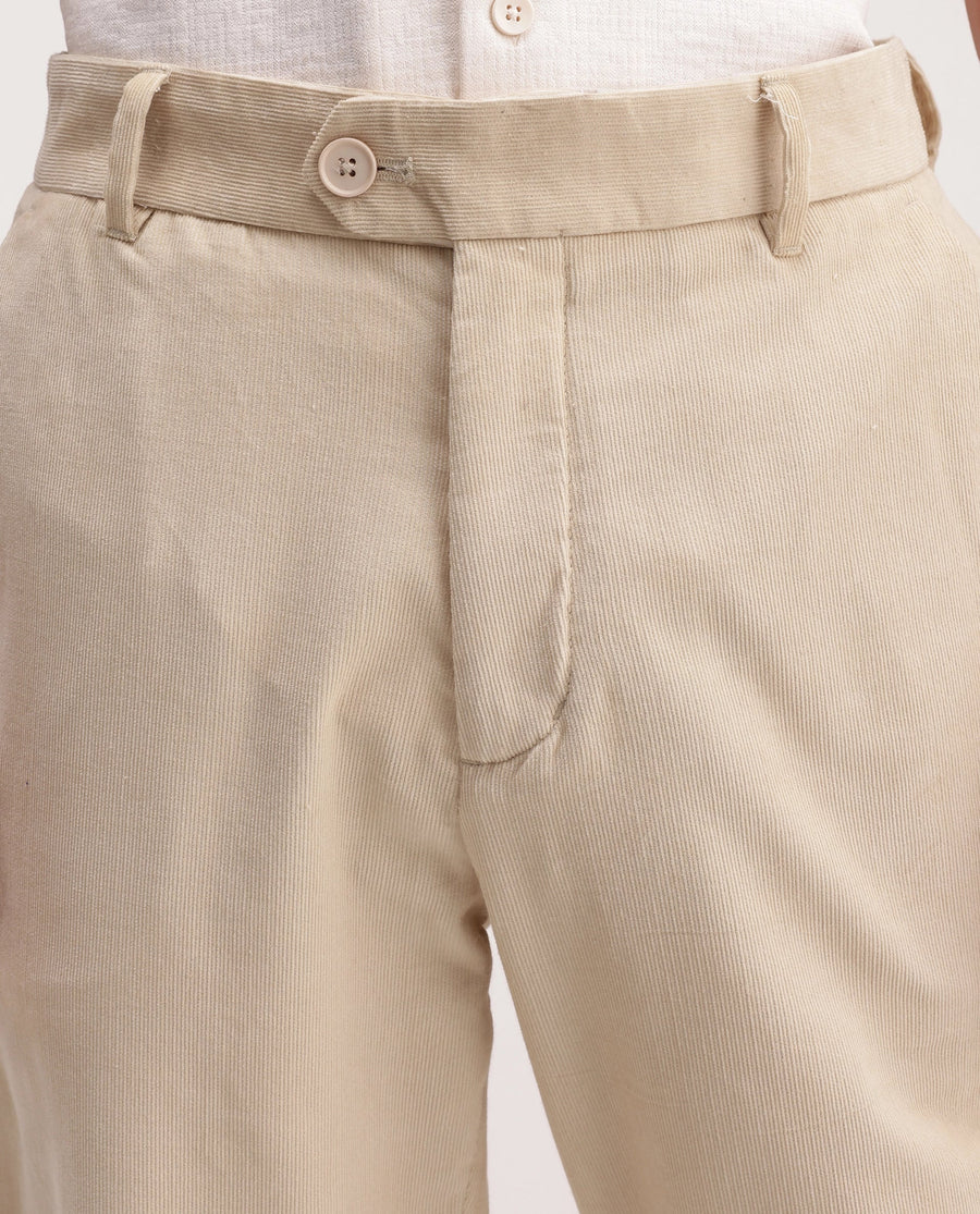Rare Rabbit Men's Chans Beige Cotton Straight Fit Length Plain Trouser