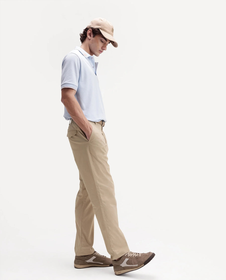 Rare Rabbit Men's Eder-T Beige Cotton Fabric Regular Fit Plain Trouser