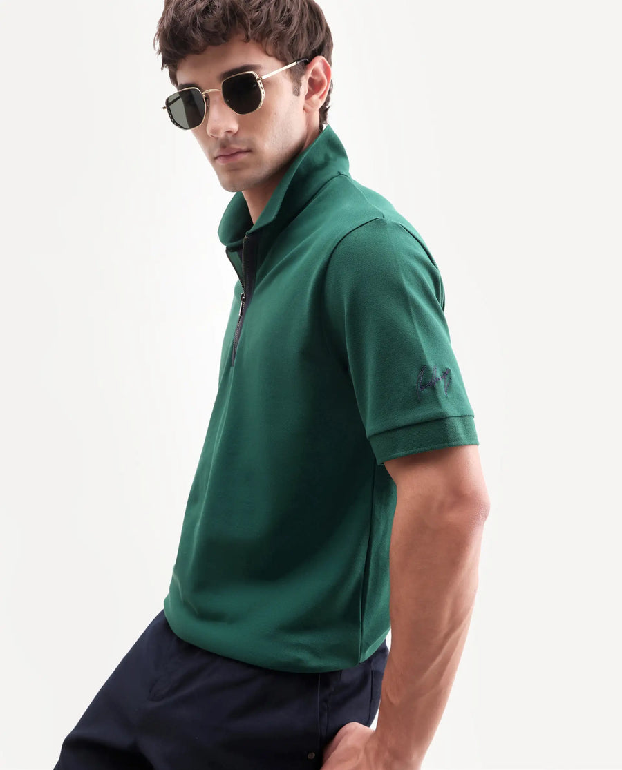 Rare Rabbit Men's Fur Dark Green Cotton Fabric Spread Collar Regular Fit Embroidered Polo