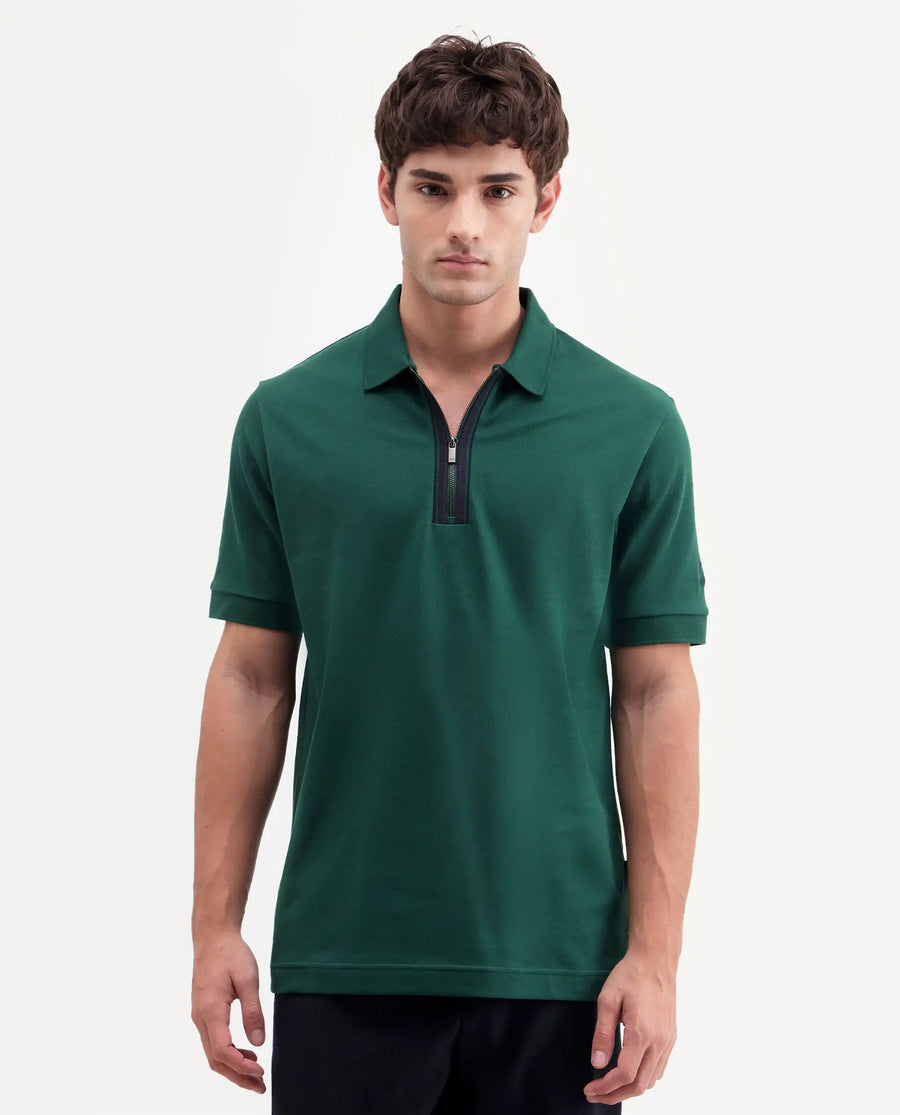 Rare Rabbit Men's Fur Dark Green Cotton Fabric Spread Collar Regular Fit Embroidered Polo