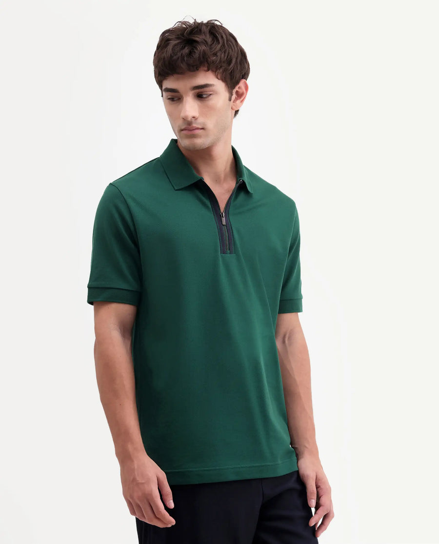 Rare Rabbit Men's Fur Dark Green Cotton Fabric Spread Collar Regular Fit Embroidered Polo