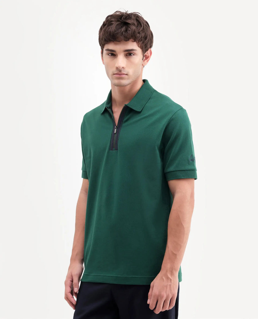 Rare Rabbit Men's Fur Dark Green Cotton Fabric Spread Collar Regular Fit Embroidered Polo