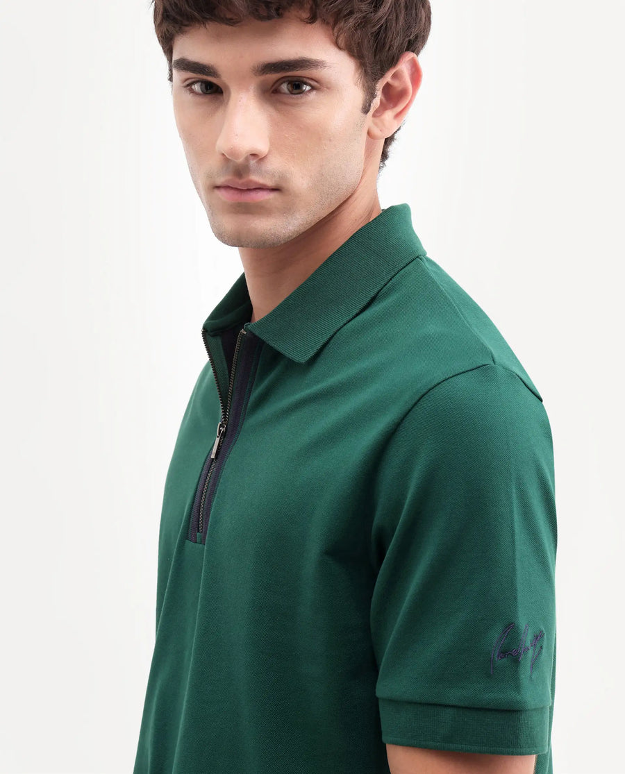 Rare Rabbit Men's Fur Dark Green Cotton Fabric Spread Collar Regular Fit Embroidered Polo