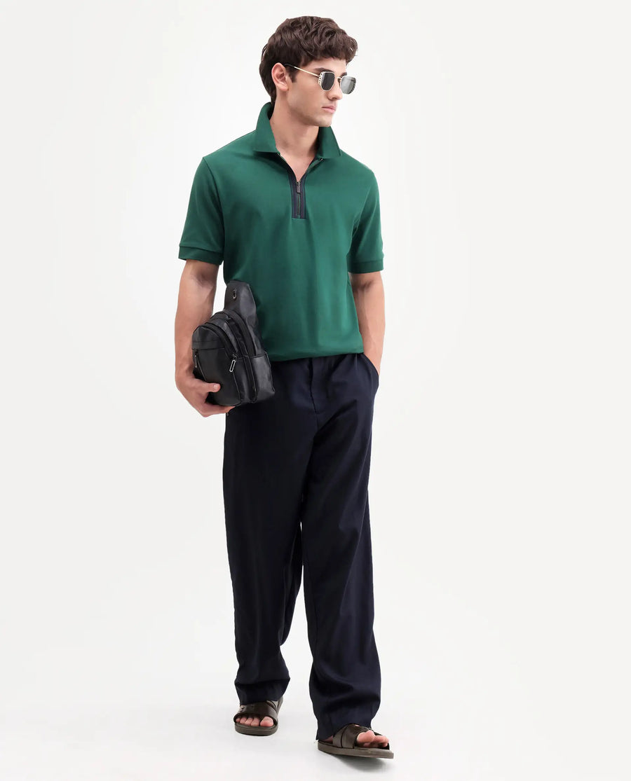 Rare Rabbit Men's Fur Dark Green Cotton Fabric Spread Collar Regular Fit Embroidered Polo
