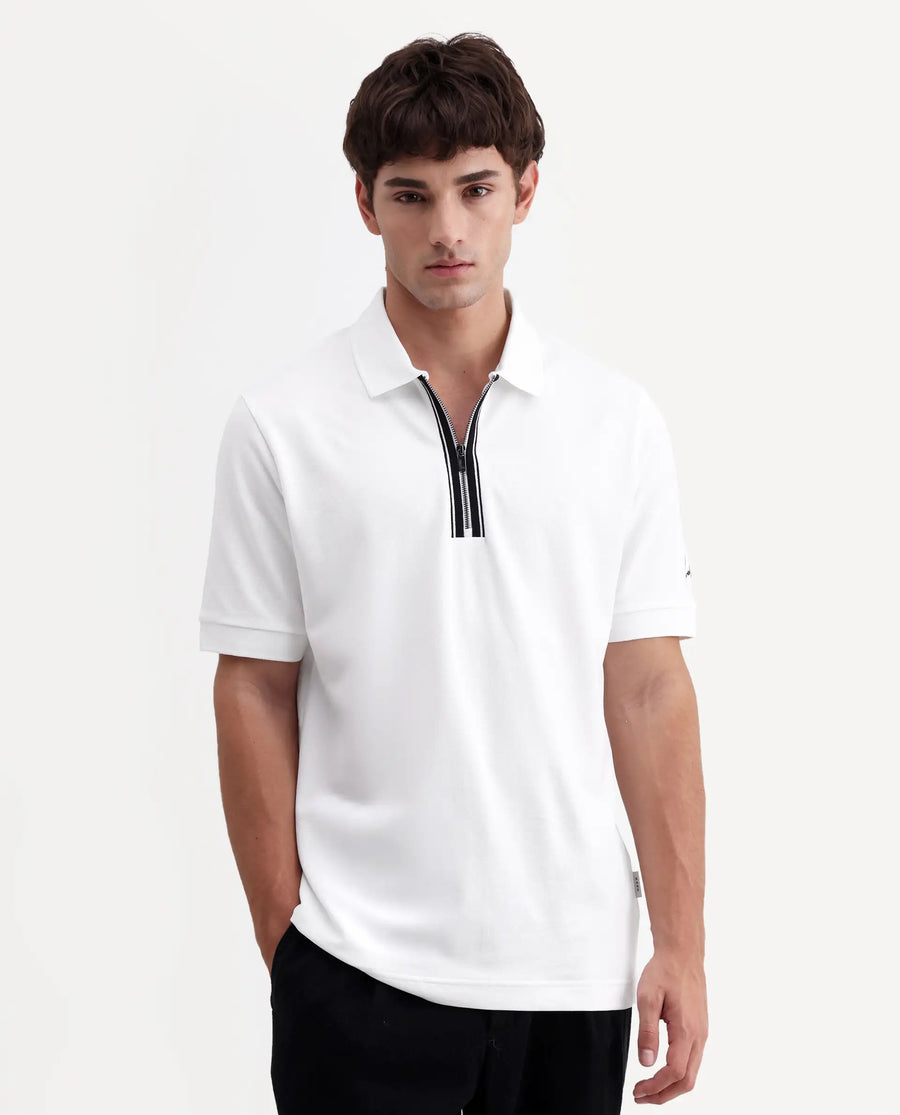 Rare Rabbit Men's Fur White Cotton Fabric Spread Collar Regular Fit Plain Polo