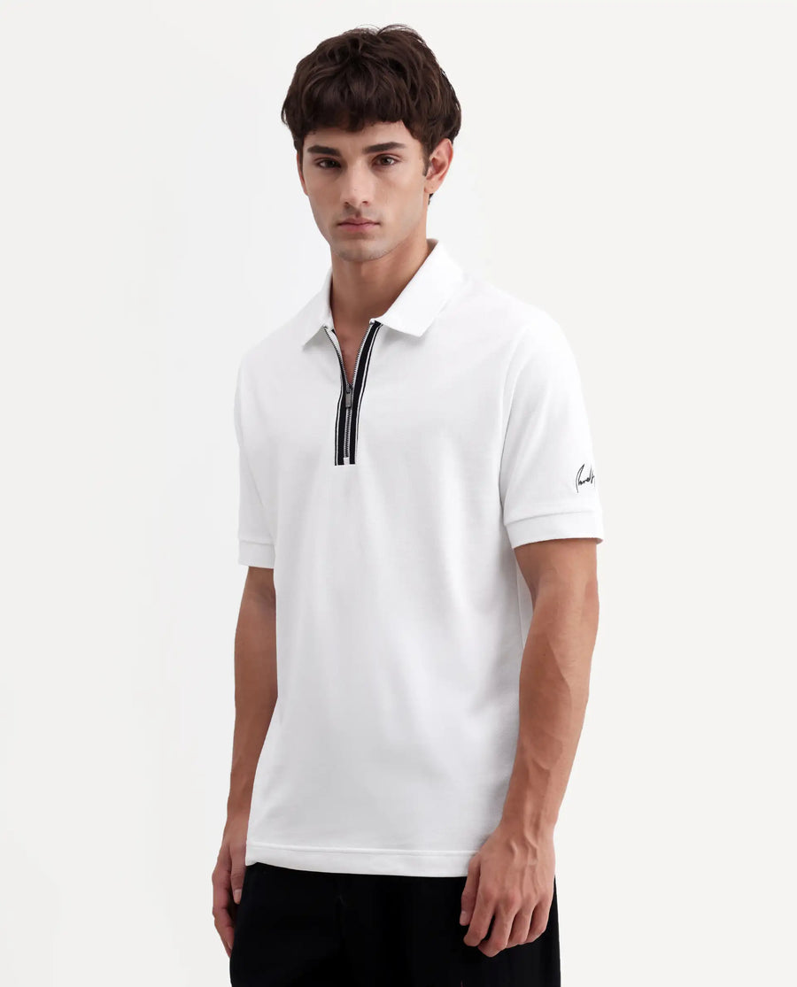 Rare Rabbit Men's Fur White Cotton Fabric Spread Collar Regular Fit Plain Polo